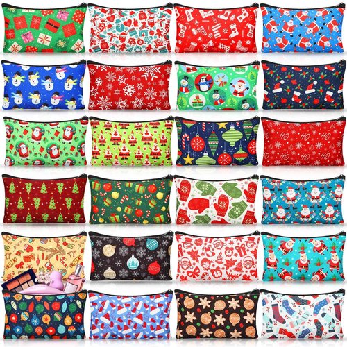 SilTriangle 24 Pieces Makeup Bags Bulk Canvas Cosmetic Bags Purse Organizer Zipper Cosmetic Pouch Portable Travel Toiletry Pouch for Women Men Gifts, 7 x 4 Inch (Christmas)