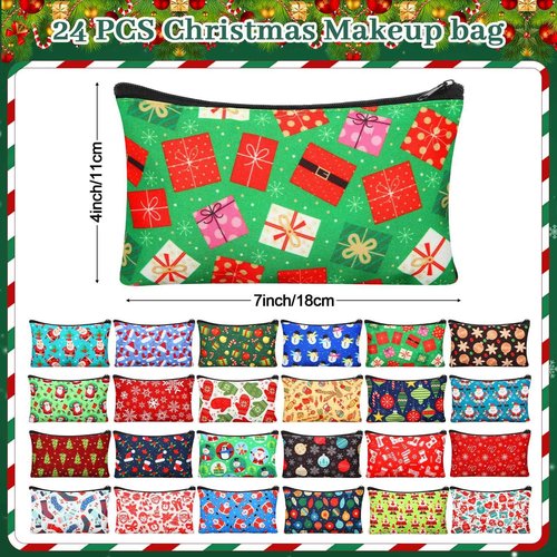 SilTriangle 24 Pieces Makeup Bags Bulk Canvas Cosmetic Bags Purse Organizer Zipper Cosmetic Pouch Portable Travel Toiletry Pouch for Women Men Gifts, 7 x 4 Inch (Christmas)