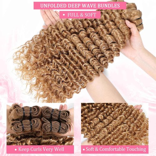 msVenus Honey Blonde Deep Wave Bundles Human Hair 12A Color #27 Blonde Curly Human Hair Bundles 16 18 20 Inch Colored Deep Wave Human Hair Extensions Double Weft Wet and Wavy Bundles