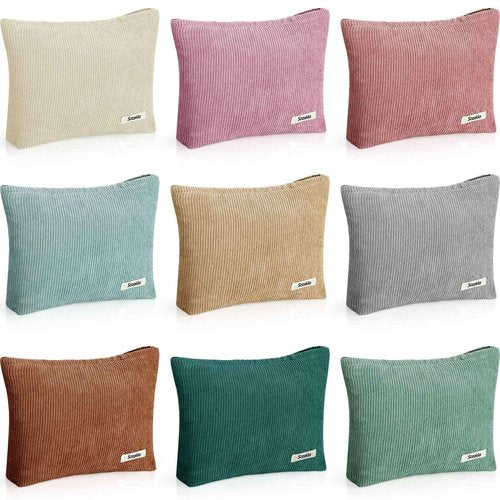 Sherr 9 Pcs Corduroy Makeup Bags 10 x 7 Inches Cosmetic Bag Large Velvet Travel Aesthetic Pouch Travel Makeup Organizer Toiletry Bag for Purse Accessories Cosmetics Pouch for Women, 9 Colors