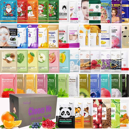 Meleell 55 Pack Collagen Face Masks Skincare Bulk,Hydrating Spa Face Mask Beauty for Sensitive Skin,Sheet Mask for Skin Care, Facial Mask Sets Birthday Party Gifts for Women/Teen Girls/Kids