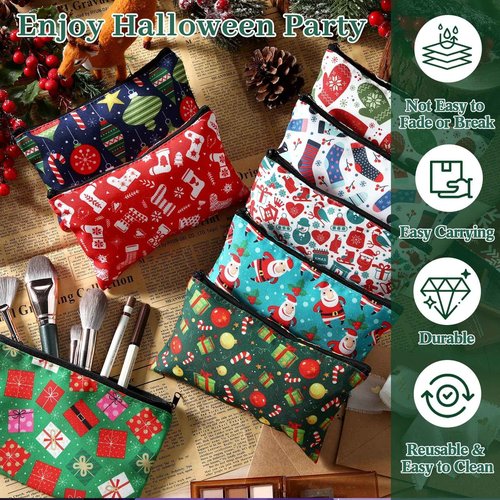 SilTriangle 24 Pieces Makeup Bags Bulk Canvas Cosmetic Bags Purse Organizer Zipper Cosmetic Pouch Portable Travel Toiletry Pouch for Women Men Gifts, 7 x 4 Inch (Christmas)
