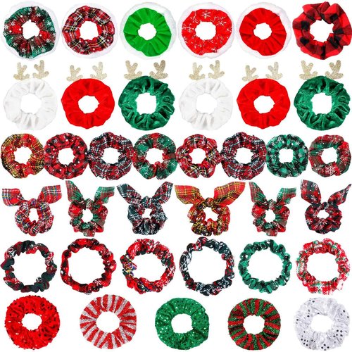 Riceshoot 48 Pcs Christmas Scrunchies Bulk Elastic Christmas Hair Ties Snowflake Glittery Hair Bands Scrunchy Hair Ropes Plaid Soft bow antler Ponytail Holders for Women Holiday Hair Accessories Gifts