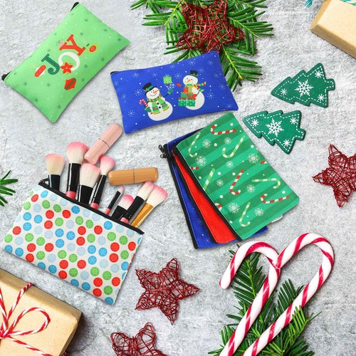 Sweetude 20 Pcs Bulk Christmas Makeup Bags for Women Xmas Theme Cosmetic Pouch Travel Toiletry Organizer Santa Snowman Reindeer Holiday Gift for Family Friends Schoolmates10 Style