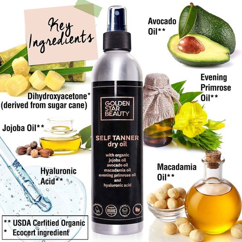 Face Tanner Serum and Self Tanning Dry Oil w/Hyaluronic Acid and Organic Oils - Self Tanners Best Sellers for Perfect Golden Glow
