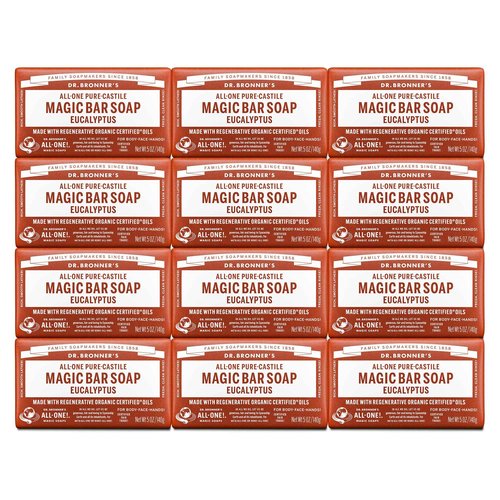 Dr. Bronner's Pure-Castile Magic Bar Soaps (Eucalyptus, 5oz, 12-Pack) – Made with RegeOrganic Oils, Soap Bars for Men & Women, Gentle for Face & Sensitive Skin, Vegan, Cruelty-Free, Non-GMO