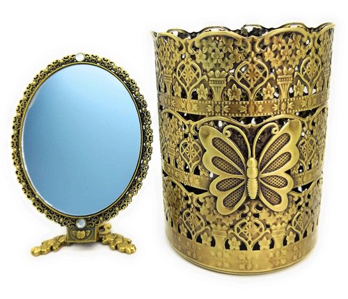T-Box GoldenTBox Vintage Antique Decorative Metal Makeup Brush Holder and Handheld Portable Cosmetic Mirror Gift Set of 2 for Birthday, Christmas, Housewarming, Mother's Day