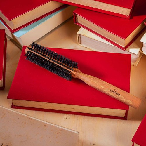 ZilberHaar - Styler Hair and Beard Round Brush - 1.3 Inch Stiff Boar Bristles and 8.5 Inch Pearwood Handle - 222 Plugs of Bristles - Beard Grooming Brush for Men