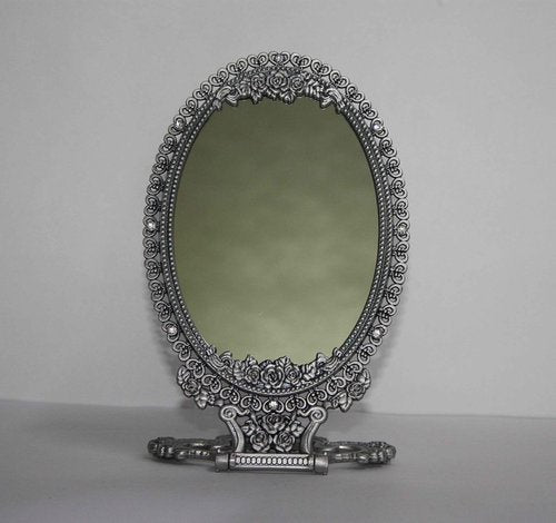 SEHAMANO Vintage Antique Foldable Embossed Roses & Small Hearts Pattern Makeup Table Mirror, Decorative Oval Shaped Mirror, Antique Vanity Cosmetic Double Sided Metal Frame Mirror (Matt Grey (Tin))