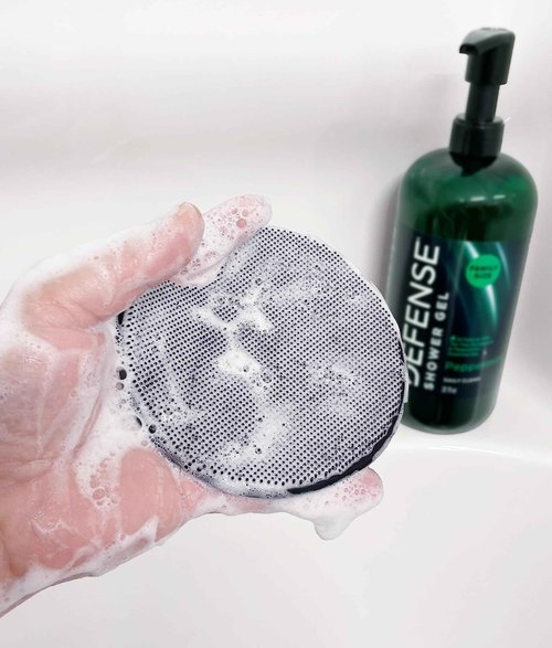 Defense Soap Peppermint Body Wash 32 oz with Tea Tree & Eucalyptus Oils + Silicone Body Scrubber & Shower Hook | Natural Antifungal Shower Gel & Exfoliating Set for Athletes and Active Lifestyles
