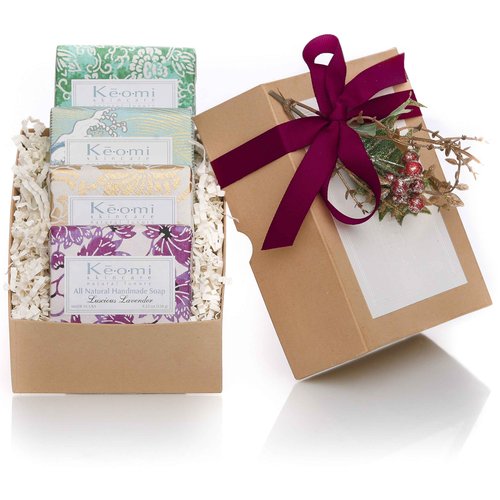 Organic Luxury Handmade 4 Bar Soap Gift Set by KEOMI NATURALS - Gift Boxed & Ready to Give - PAMPER THEM w/LUXURY WHILE LIFTING THEIR SPIRITS