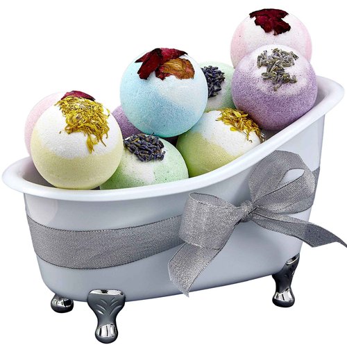 Bath Bomb Self Care Gifts for Women, White Elephant Gifts for Adults,10 Oversized Two Tone Bath Fizzies with Shea & Coco Butter Dry Flower Petals, Rich, Spa Bath Set in Cute Tub
