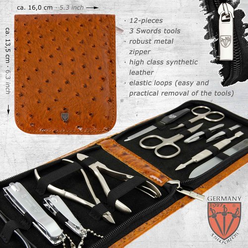 3 Swords Germany - brand quality 12 piece manicure pedicure grooming kit set for professional finger & toe nail care with cognac synthetic leather case - Made in Germany