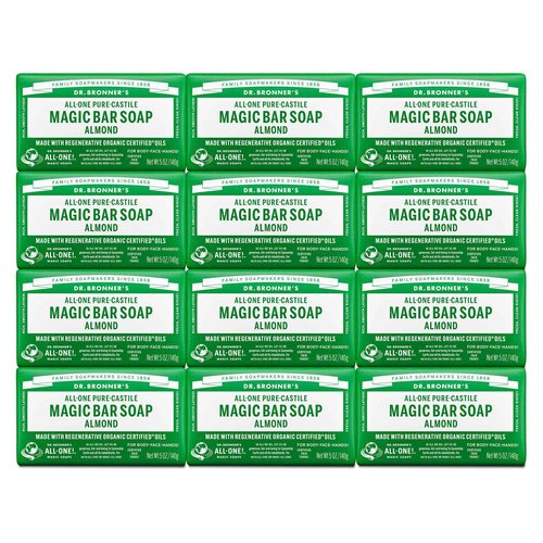 Dr. Bronner's Pure-Castile Magic Bar Soap (Almond, 5 ounce, 12-Pack)-Made with Regenerative Organic Certified Oils, For Face, Body, Hair, Gentle, Vegan, Cruelty-free Non-GMO