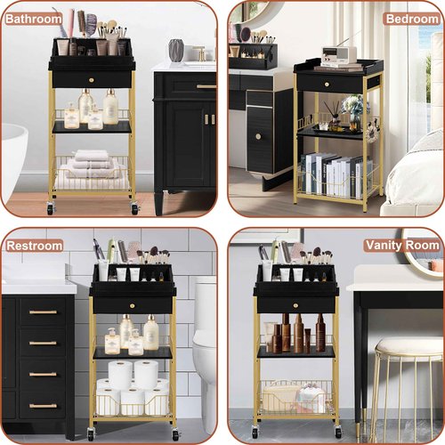 NauwaBarn Large Makeup Organizer Cart with Hair Tool Holder, Rolling Makeup Cart with Drawer, 2-in-1 Vanity Organizer Cosmetic Display Cases for Skin Care Perfume Nail Polish Brush Tools, Gold & Black
