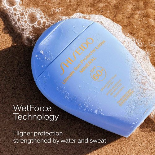 Shiseido Ultimate Sun Protector Lotion Mineral SPF 60+ - Sheer, Broad-Spectrum Sunscreen for Face & Body - Visibly Improves Fine Lines, Smoothness & Skin Tone - Fragrance Free, All Skin Types - 150 mL