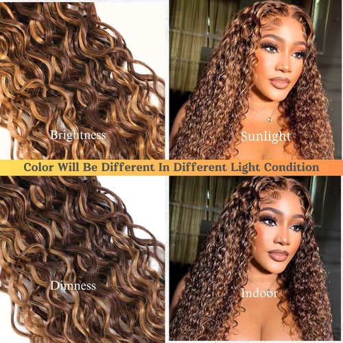 ALHER Water Wave Honey Blonde Highlight 4x4 Closure 18 Inch, 12A P4/27 Honey Brown Ombre Colored Wet and Wavy Free Part Melt 4x4 Lace Closure 100% Virgin Remy Human Hair Pre Plucked with Baby Hair