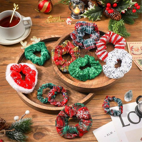 Riceshoot 48 Pcs Christmas Scrunchies Bulk Elastic Christmas Hair Ties Snowflake Glittery Hair Bands Scrunchy Hair Ropes Plaid Soft bow antler Ponytail Holders for Women Holiday Hair Accessories Gifts