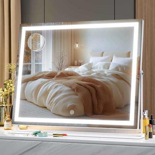 Hasipu Vanity Mirror with Lights, 19.6" x 15.7" LED Makeup Mirror, 3 Color Modes Touch Control and Brightness Adjustment Lighting Mirror, 10X Magnifying Glass, 360° Rotation