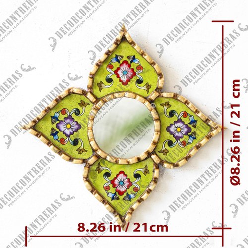 DECORCONTRERAS Small green peruvian mirrors for wall holiday – Diamond/Square shape wall artisan mirror in painted glass with gold leaf frame (Lime Green)