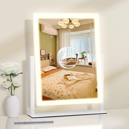 Kotdning Lighted Makeup Mirror, Hollywood Vanity Mirror with Lights, Three Color Lighting Modes, and 5X Magnification Mirror, Smart Touch Control, 360°Rotation