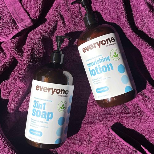 Bundle of Everyone 3-in-1 Soap, Body Wash, Bubble Bath, Shampoo, 32 Ounce (Pack of 2), Unscented + Everyone Nourishing Hand and Body Lotion, 32 Ounce (Pack of 2), Unscented