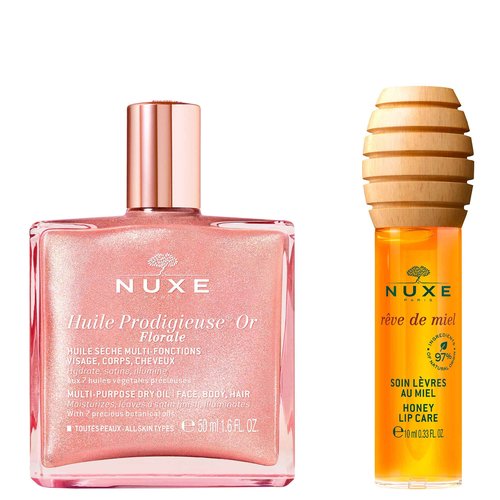Nuxe Huile Prodigieuse Floral Shimmering Dry Oil (1.6 Fl Oz) & Rêve de Miel Honey Lip Oil (0.33 Fl Oz), Skincare Duo for Radiant Skin & Lips