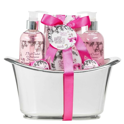 Aromatherapy Essentials Spa Set for Women in Large Silver Tub. Bath Set Includes 2 Bath Bombs, Body Lotion, etc (Pink Orchid and Balsamic Strawberry)