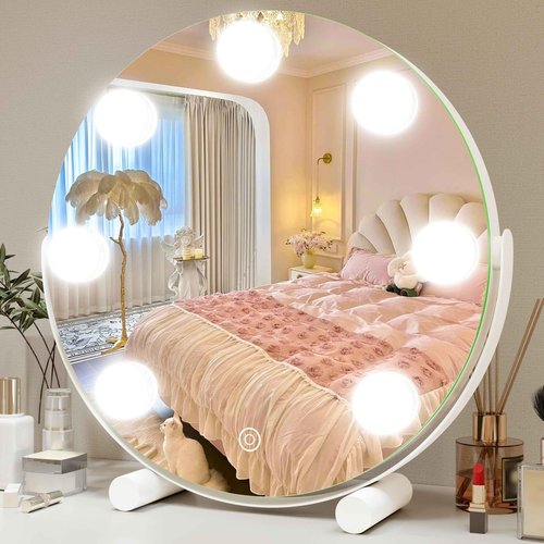 ROLOVE Vanity Mirror with Lights, 12 Inch Hollywood Mirror with Lights for Makeup Desk, LED Makeup Mirror with 7 Dimmable Bulbs for Bedroom Tabletop, Smart Touch Dimmable 3 Modes, 360° Rotation