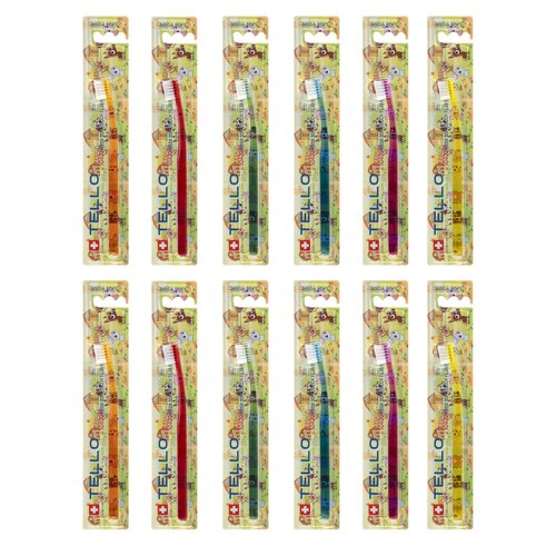 TELLO 10400 Kids Mega Soft Toothbrush for Gentle Cleaning with Ergonomic Handle, Made in Switzerland, Colors Vary, 12-Pack