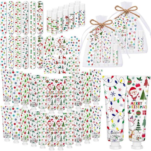 12 Sets/72 Pcs Christmas Party Favors Christmas Hand Cream Body Lotion Lip Balm Nail File Gifts Set Xmas Stocking Stuffers Travel Size Lotion Bulk Holiday Party Supplies for Coworkers Women Adults