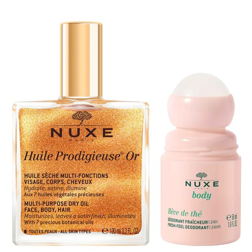 NUXE Huile Prodigieuse Shimmer Dry Oil (3.3 Fl Oz) & Rêve de Thé Aluminum-Free Deodorant (1.6 Fl Oz), Skincare Duo for Radiant Skin & 24-Hour Freshness