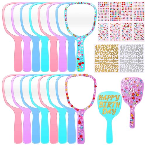 IWOLOMI 16 Pcs Small Handheld Hand Mirror with Handle Mini Handheld Princess Mirror with Gems Stickers for DIY Crafts Travel Makeup Classroom Camping Daily Quinceanera Party Favors 3. 15 x 7. 09 Inch