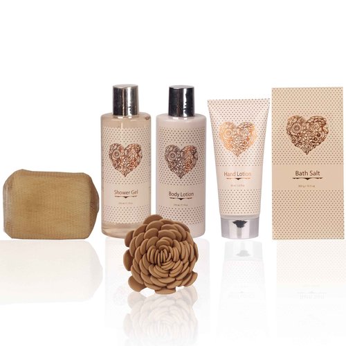 Spa Gift Basket – Bath and Body Set with Vanilla Fragrance by Lovestee - Gift Basket Includes Shower Gel, Body Lotion, Hand Lotion, Bath Salt, Eva Sponge and a Bath Puff