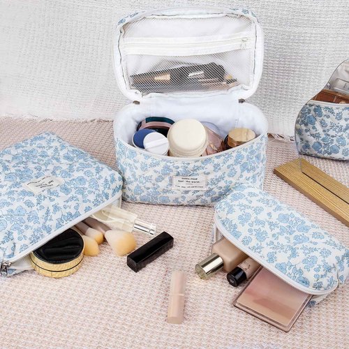 3PC Makeup Bag Set, Quilted Makeup Bag Set, Large Floral Cosmetic Bag for Women, Cute Cotton Makeup Bags, Flower Travel Toiletry Organizer Bag (White Pink Bow Tie)
