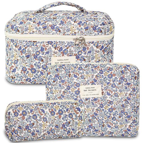 3Pcs Makeup Bag Cotton Quilted Travel Cosmetic Bag Cute Floral Makeup Pouch Large Toiletry Bag for Women Girls