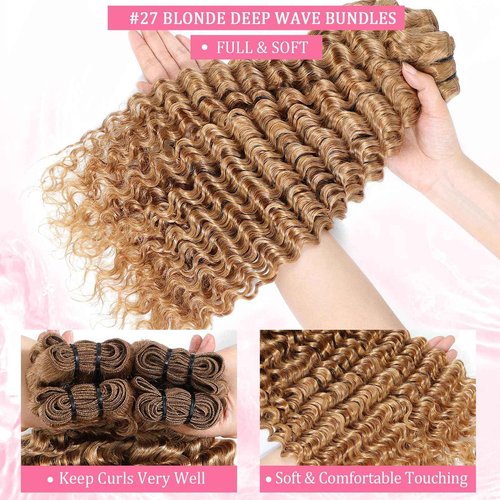 Troskamar Blonde Deep Wave Human Hair Bundles 12A #27 Colored Deep Curly Human Hair 3 Bundles 18 20 22 Inch Honey Blonde Wet and Wavy Bundle for Black Women