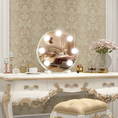 ROLOVE Vanity Mirror with Lights, 12 Inch Hollywood Mirror with Lights for Makeup Desk, LED Makeup Mirror with 7 Dimmable Bulbs for Bedroom Tabletop, Smart Touch Dimmable 3 Modes, 360° Rotation