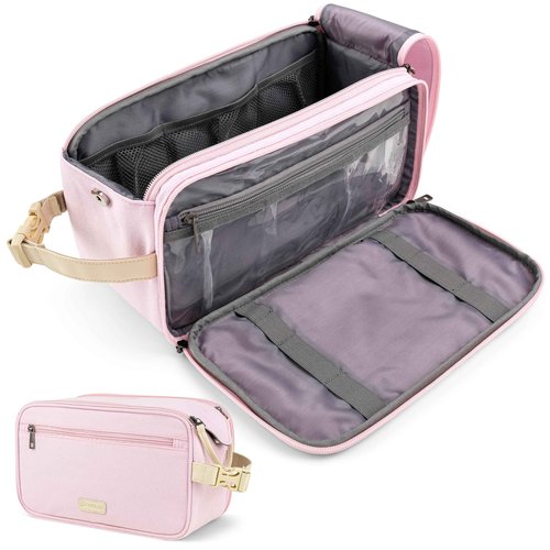 PAVILIA Toiletry Bag for Women, Canvas Travel Dopp Kit, Water Resistant Hygiene Bag Toiletries Organizer, Shaving Kit Travel Accessories Bag, Pink, Extra Large