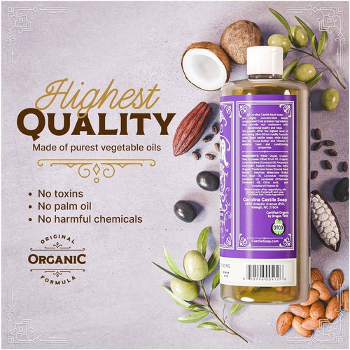 Carolina Castile Soap Lavender Scent – Certified Organic Base, High Olive Oil Content, Non-Drying, Made with Organic Oils, Concentrated Natural Body Wash for Men and Women (Lavender, 1 Gallon)