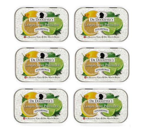 Dr. Doolittle’s Sugar Free Soft Fruit Pastilles for Voice and Throat, Lemon Lime Flavor, 2.12 Ounce Tin, Approximately 25 Count Package, 6 Pack