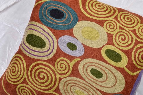 Kashmir Designs Klimt Rust Pillow Cover | Art Nouveau Bronze Pillows | Mid Century Modern Copper Pillowcase | Modern Chair Cushion | Modern Farmhouse Pillows | Hand Embroidered Wool Size 18x18